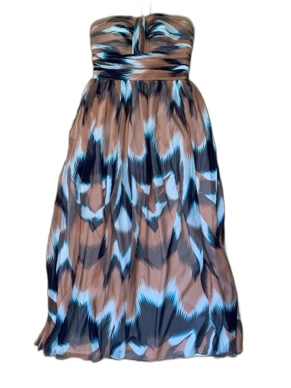 Multicolor Strapless Dress 28” Waist Maxi Feathered Design Ruched Fit And Flare
